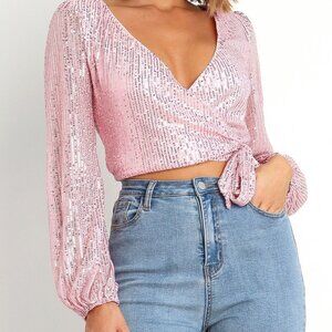 NWT Petal & Pup Wrap Style Beaded Crop Pink Top Glitz, size 4 (S)
